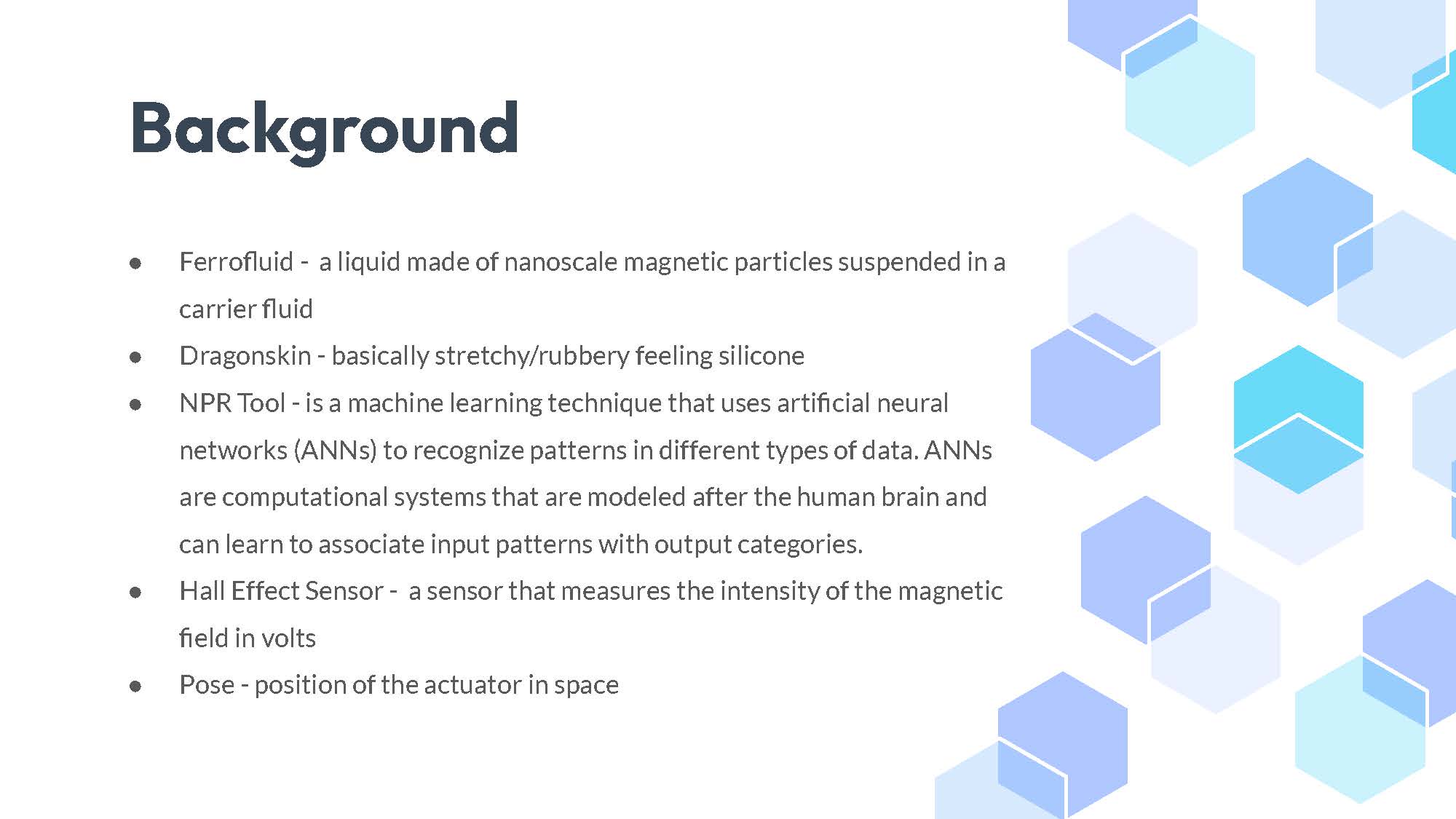 Slide 4: Background definitions for Ferrofluid, Dragonskin, NPR Tool, Hall Effect Sensor, and Pose