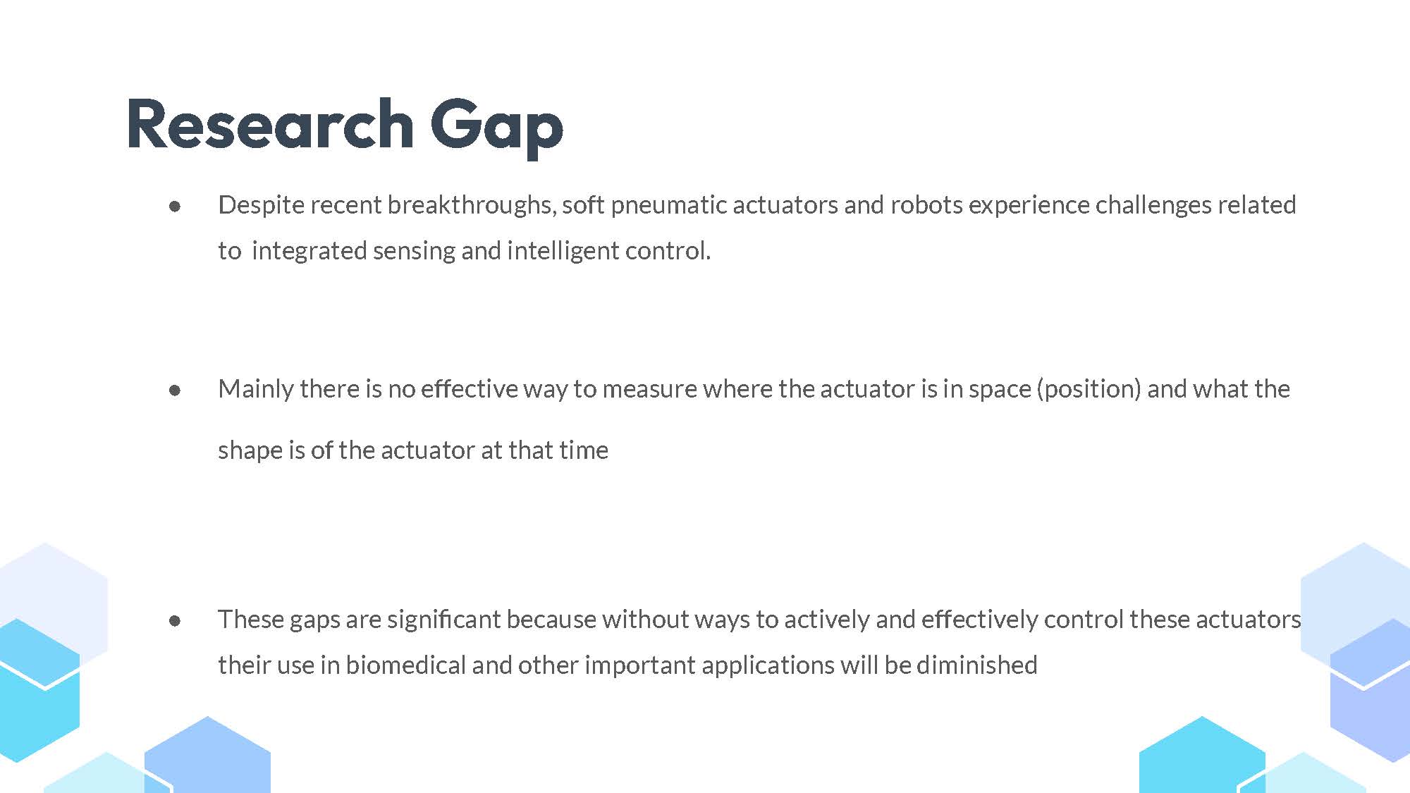 Slide 5: Research Gap describing challenges with integrated sensing and intelligent control in soft pneumatic actuators