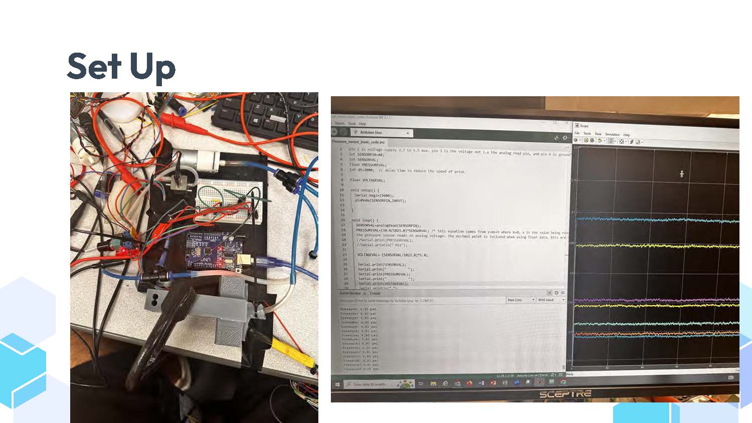 Slide 8: Set Up diagram showing experimental apparatus with Hall Effect sensor, actuator, and measurement equipment