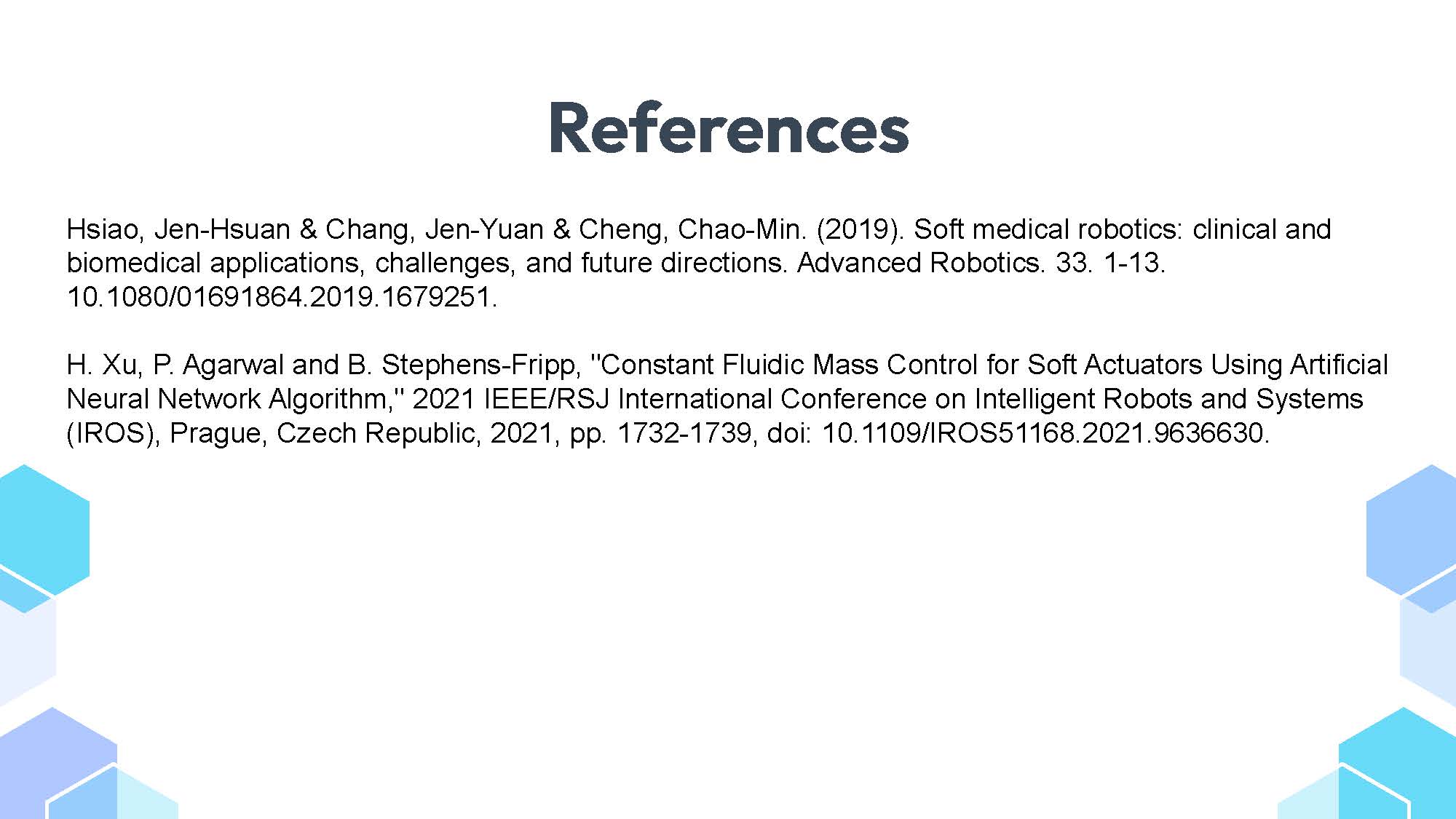 Slide 12: References listing two academic papers on soft medical robotics and fluidic mass control
