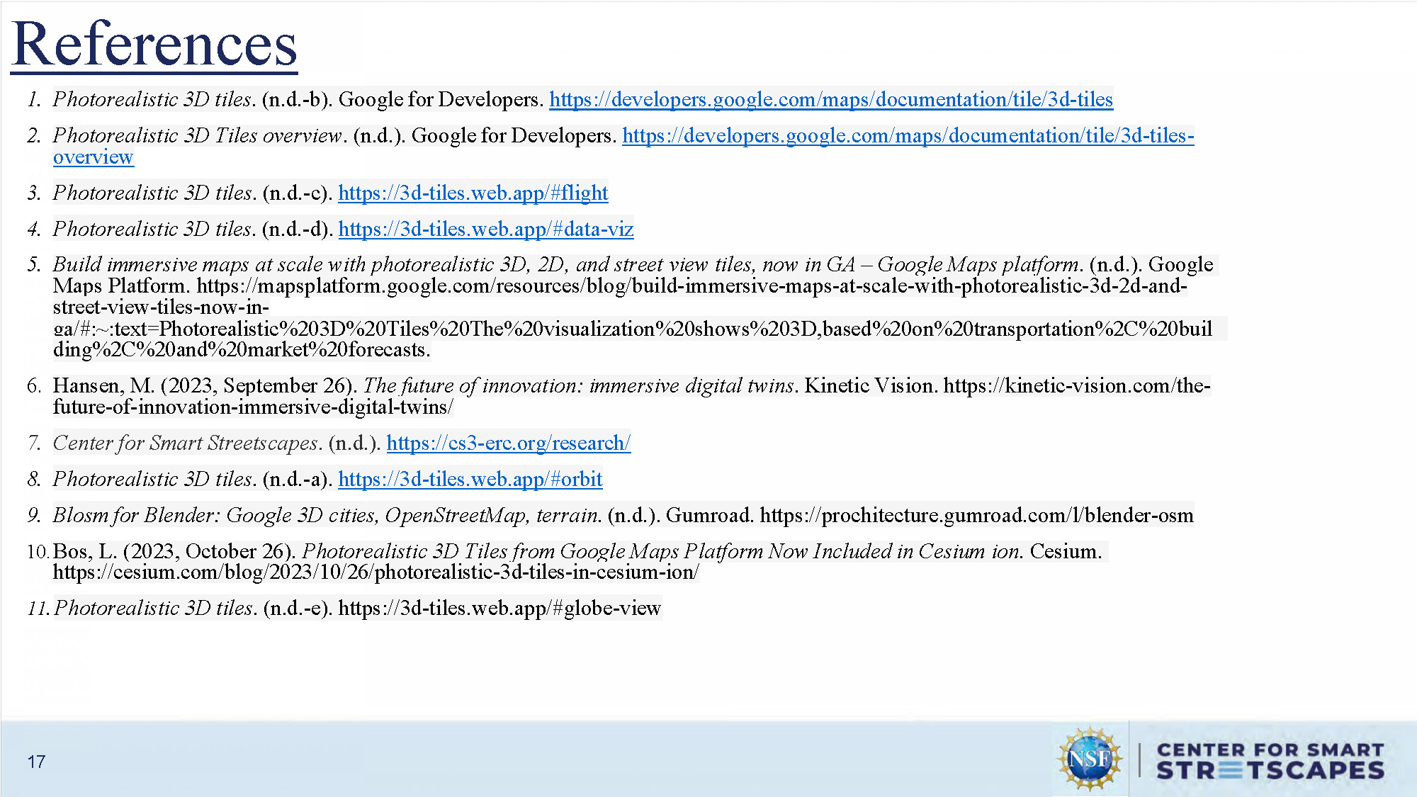 Slide 17: References section listing all cited sources and documentation