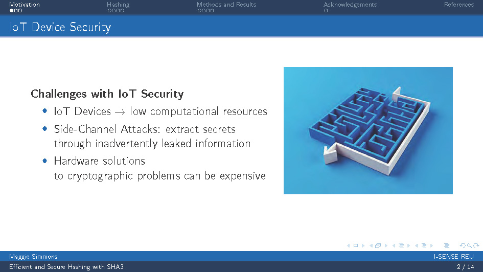Slide 2: IoT Device Security challenges including computational resources and side-channel attacks