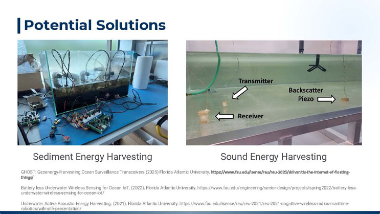 Slide 3: Potential Solutions, showing lab photos of sediment energy harvesting and sound energy harvesting test setups, each labeled with a caption.