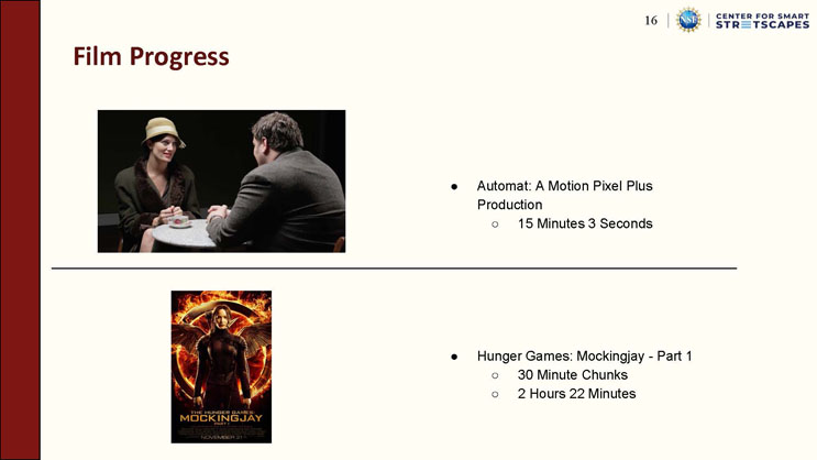 Slide 16: Film Progress, listing two test films with their durations: Automat, a short film, and The Hunger Games: Mockingjay - Part 1, alongside a movie poster and a still frame from each film.