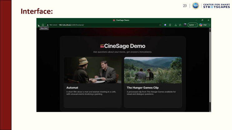 Slide 23: Interface, showing a browser screenshot of the CineSage Demo home screen with two selectable movie options, Automat and The Hunger Games Clip, each with a thumbnail and description.