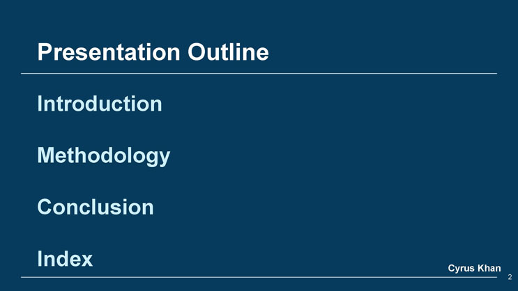Slide 2: Presentation outline listing Introduction, Methodology, and Conclusion, plus an Index section.