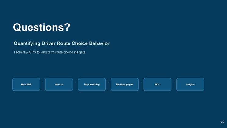 Slide 22: Questions? slide summarizing the full workflow as a flow diagram from Raw GPS to Network to Map matching to Monthly graphs to RCCI to Insights.