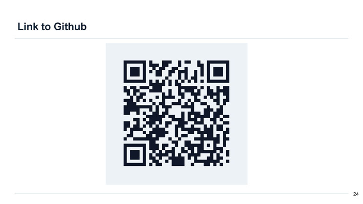 Slide 24: Link to Github, showing a QR code linking to the project's GitHub repository.