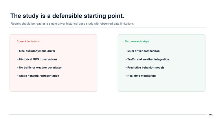 Slide 26: The study is a defensible starting point, comparing current limitations of the single-driver case study against proposed next research steps.