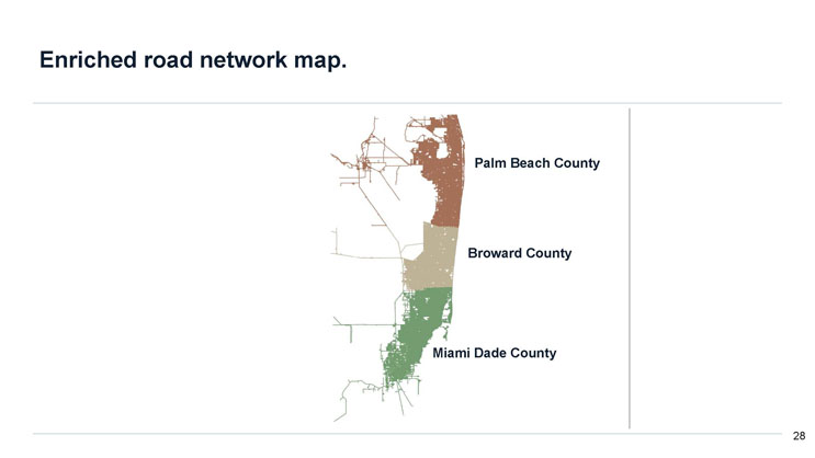 Slide 28: Enriched road network map, showing the road networks of Palm Beach County, Broward County, and Miami-Dade County color-coded in brown, tan, and green respectively.