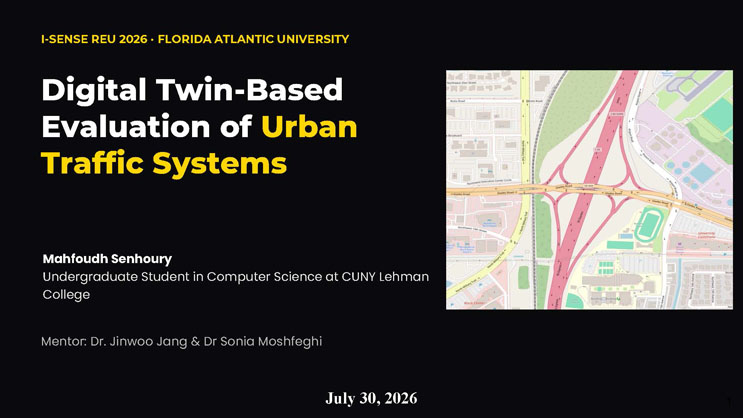 Slide 1: Title slide for Digital Twin-Based Evaluation of Urban Traffic Systems, presented by Mahfoudh Senhoury, with an aerial map of the Glades Road and Airport Road intersection in Boca Raton, Florida.