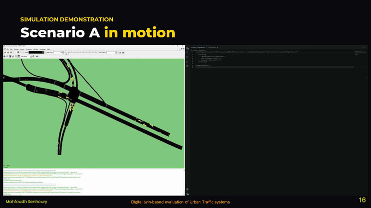 Slide 16: Scenario A in motion, a simulation demonstration slide describing the connector road intervention scenario, its inputs and outputs, alongside a screenshot of the SUMO simulation running.