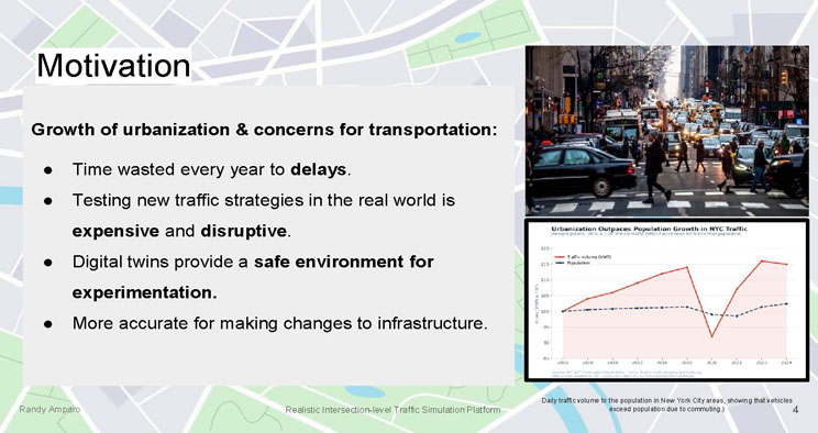 Slide 4: Motivation slide listing reasons for the research, alongside a photo of dense New York City traffic and a line chart showing traffic volume growth outpacing population growth.