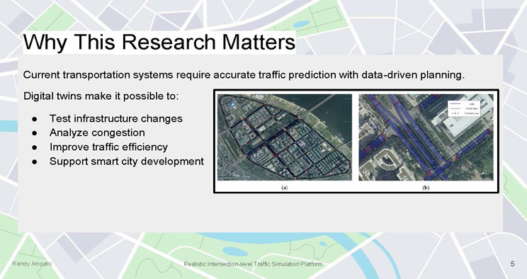 Slide 5: Why This Research Matters, listing benefits of digital twins alongside two aerial images of urban road networks with labeled links and vehicle lanes.
