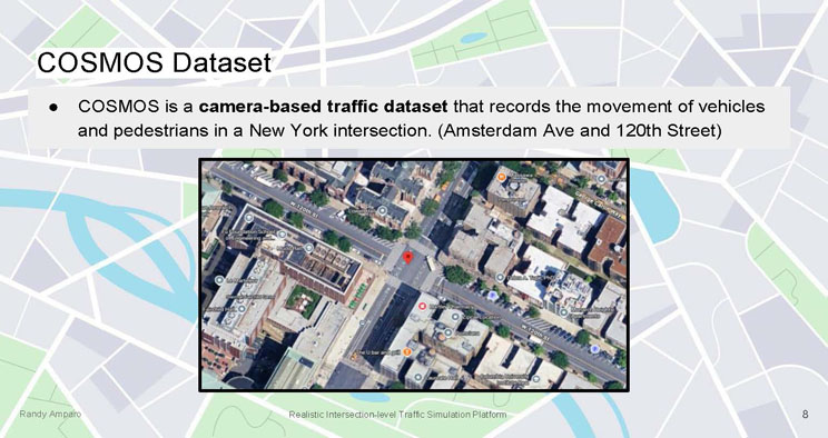 Slide 8: COSMOS Dataset slide with a description of the camera-based traffic dataset and a satellite image of the Amsterdam Avenue and 120th Street intersection in New York City.