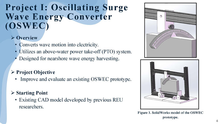Slide 4: Project I, Oscillating Surge Wave Energy Converter overview and objectives, with a SolidWorks CAD model of the prototype.