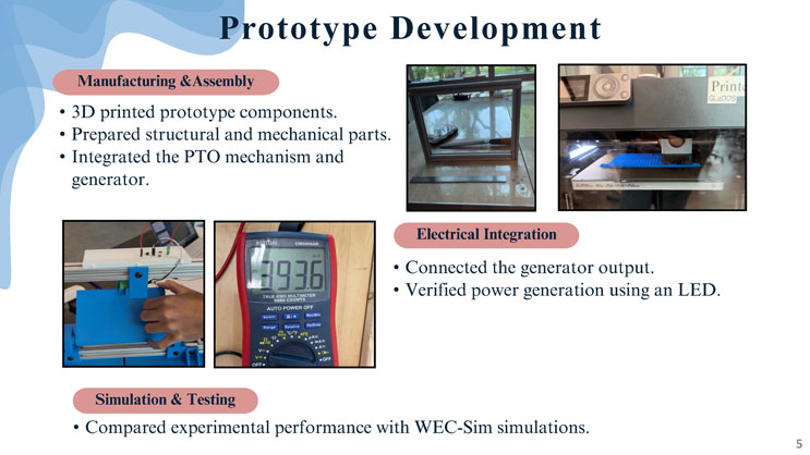 Slide 5: Prototype Development, showing photos of manufacturing and assembly, electrical integration with a multimeter reading, and a note on simulation and testing.