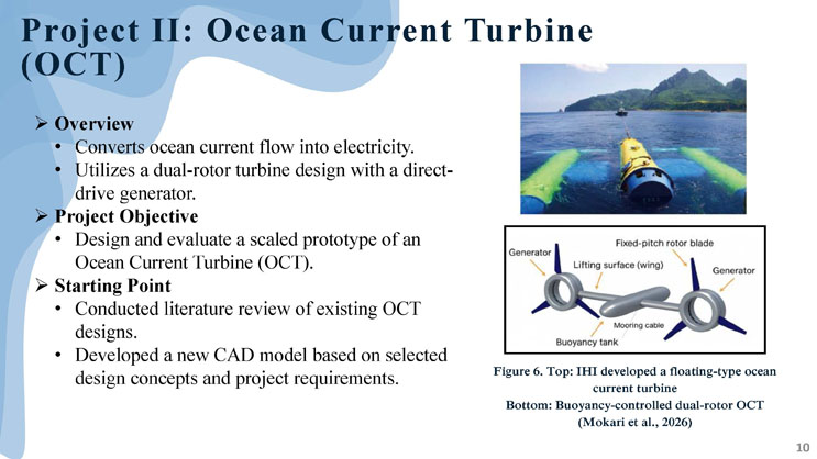 Slide 10: Project II, Ocean Current Turbine overview and objectives, with a photo of a floating IHI ocean current turbine and a diagram of a buoyancy-controlled dual-rotor OCT.