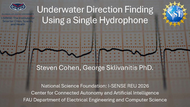 Slide 1: Title slide for Underwater Direction Finding Using a Single Hydrophone, presented by Steven Cohen and George Sklivanitis, over a faded background image of an oscilloscope-style waveform trace.