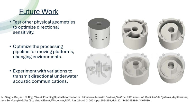 Slide 7: Future Work slide listing next research directions, alongside six 3D-rendered views of the acoustic metastructure design shown from different angles and cross-sections.