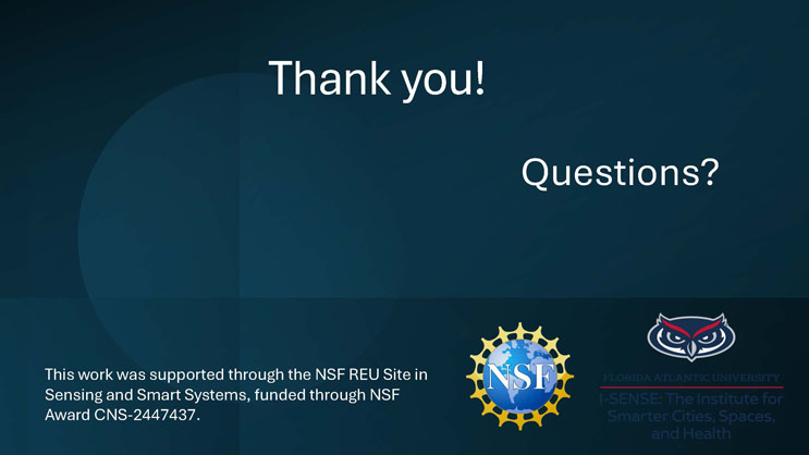 Slide 8: Closing Thank You slide with a Questions prompt, funding acknowledgment, and NSF and Florida Atlantic University logos on a dark blue background.
