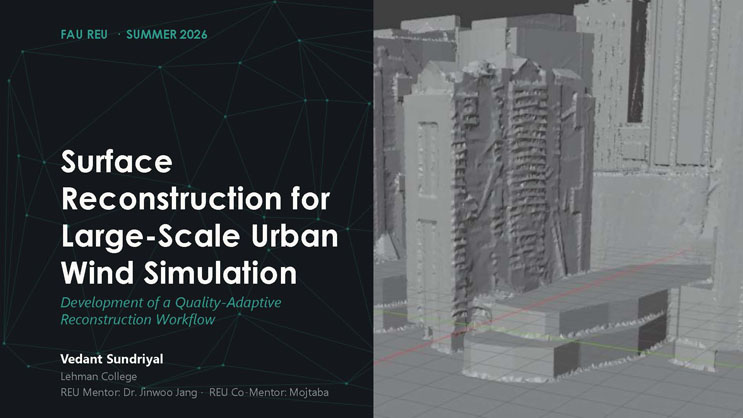 Slide 1: Title slide for Surface Reconstruction for Large-Scale Urban Wind Simulation, with a grayscale 3D scan of downtown buildings.