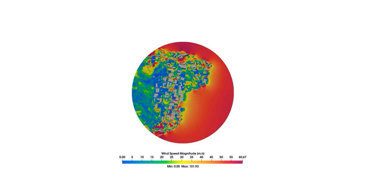 Slide 2: A circular computational fluid dynamics visualization of wind speed magnitude around city buildings, color-coded from blue to red.