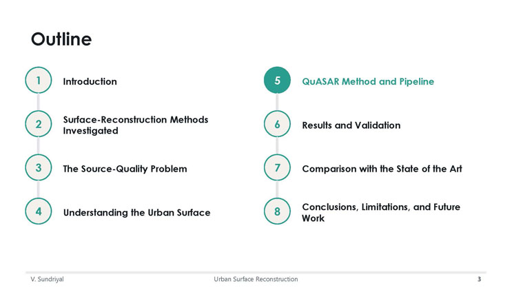 Slide 3: Outline listing eight presentation sections, with QuASAR Method and Pipeline highlighted as section five.