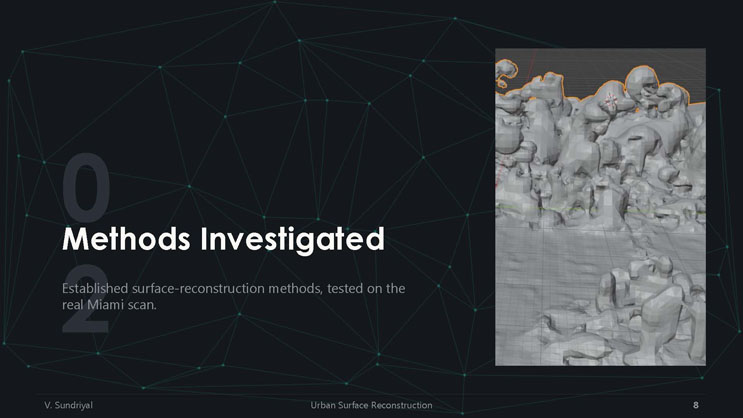 Slide 8: Section divider for Methods Investigated, with a 3D mesh screenshot showing rough terrain-like reconstructed geometry.