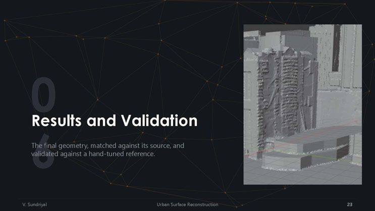 Slide 23: Section divider for Results and Validation, with a grayscale close-up scan of a tower building facade.