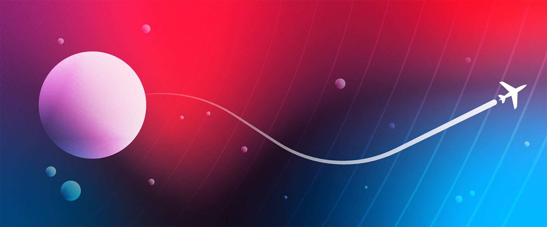 pink planet, airplane, ona blue and red abstract background