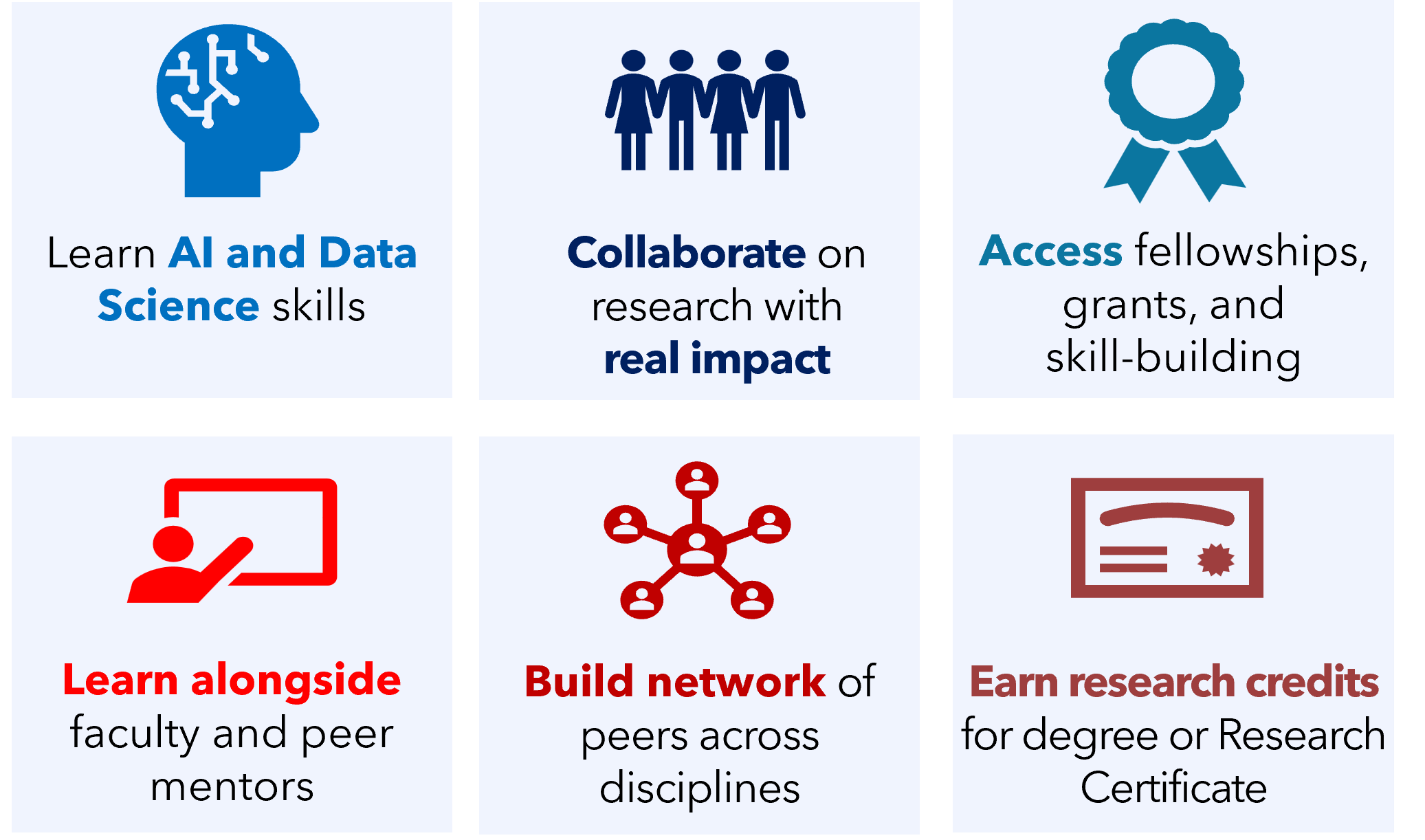 VIP Program Benefits, including: funding and development opportunities; research experience in an interdisciplinary team; AI and data science skills; faculty and peer mentoring; network of peers in variety of disciplines; and research credits