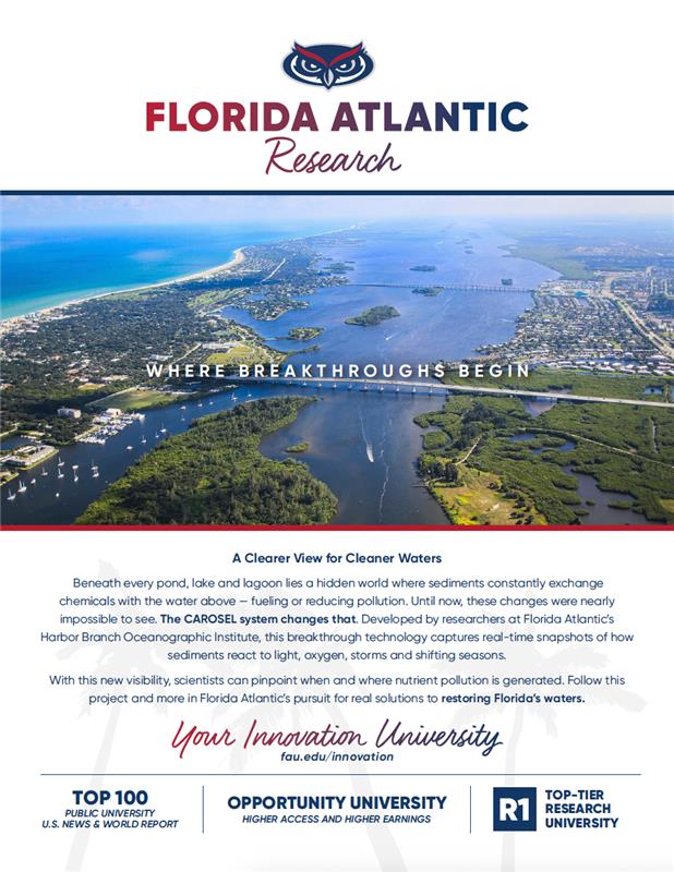 An informational flyer from Florida Atlantic University Research. The top features the FAU owl logo in blue and red, followed by the text 'FLORIDA ATLANTIC Research' in bold sans-serif and script fonts. Below the header is a wide aerial photograph of a coastal Florida landscape, showing a bridge spanning a blue waterway surrounded by lush green mangroves and the ocean in the distance. Overlaid on the center of the photo is the slogan 'WHERE BREAKTHROUGHS BEGIN' in white, all-caps text. 
