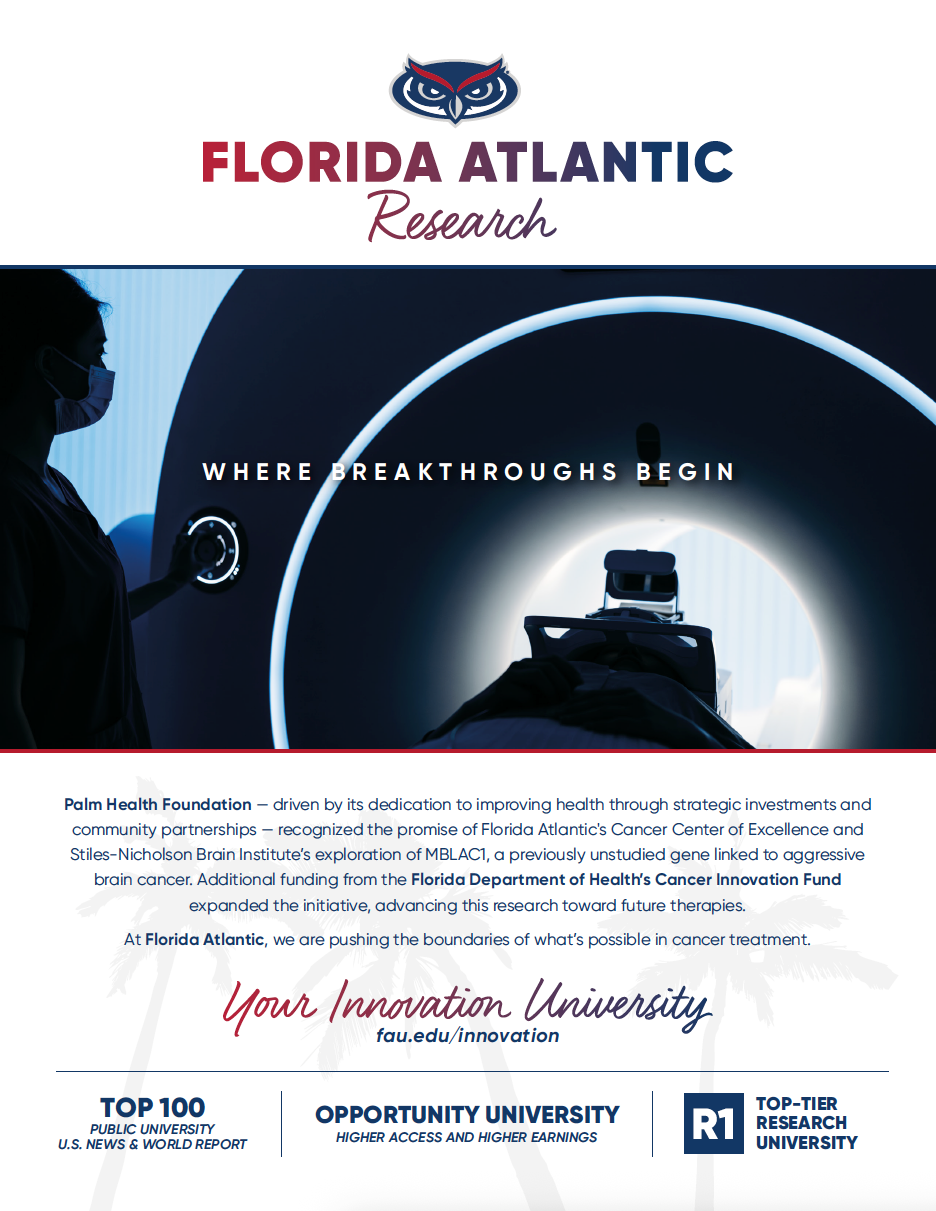 An informational flyer from Florida Atlantic University Research focusing on medical advancement. The top features the FAU owl logo and the branding 'FLORIDA ATLANTIC Research.' The middle section features a dramatic, low-light photograph of a healthcare worker in a mask operating a glowing, circular MRI machine. A patient is visible inside the machine. Overlaid on the image is the white text 'WHERE BREAKTHROUGHS BEGIN.'
